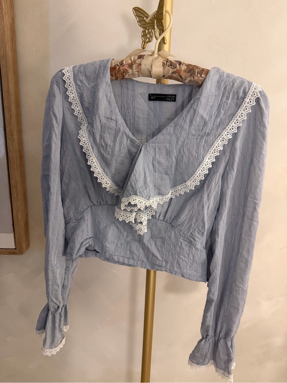 Pale Blue Lace-Trim V-Neck Women's Top